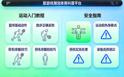 爱游戏潮流体育科普平台网页界面，展示清晰的运动入门教程与安全指南