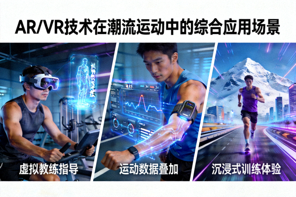 AR/VR技术在潮流运动中的综合应用场景示意图 - 展示虚拟教练、数据叠加和沉浸式训练