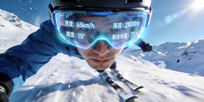 年轻人佩戴AR眼镜进行混合现实体育训练，虚拟目标叠加在真实球场上