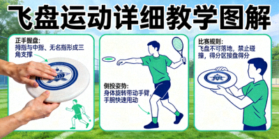 飞盘运动详细教学图解 - 展示握盘手法、投掷姿势与比赛规则