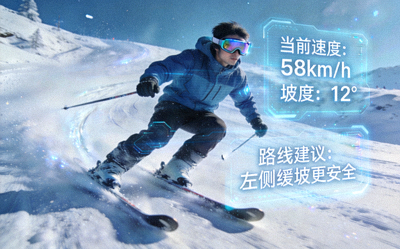 滑雪者佩戴AR眼镜，实时查看速度、坡度、路线建议等数据叠加在雪场景观上