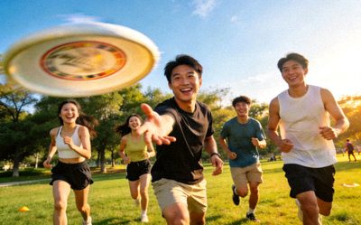 一群年轻人在公园草坪上进行飞盘运动的欢乐场景，展现强烈的社交互动与团队合作