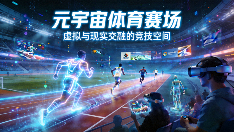 元宇宙体育概念图 - 虚拟与现实交融的体育赛场，数字运动员与观众在三维空间中互动