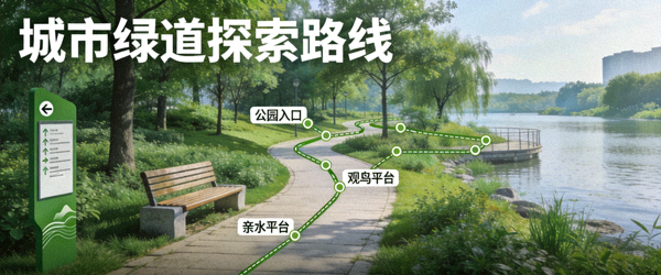 城市公园绿地与滨水步道串联探索路线主题灵感图 - 绿树成荫的公园与河岸景观
