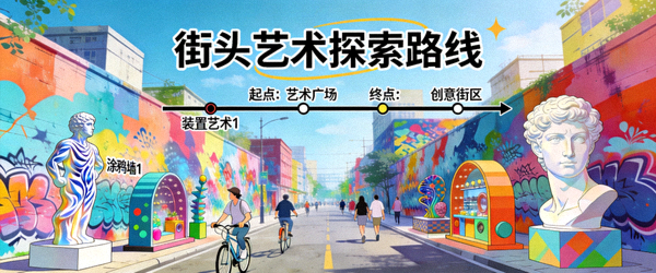 城市街头艺术与涂鸦墙探索路线主题灵感图 - 色彩斑斓的壁画与创意装置