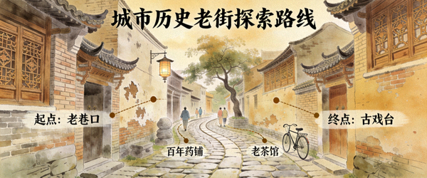 城市历史老街巷弄探索路线主题灵感图 - 青石板路与老式建筑