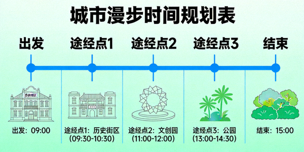 城市漫步时间规划表 - 展示从出发、途经各点到结束的预估时间分配