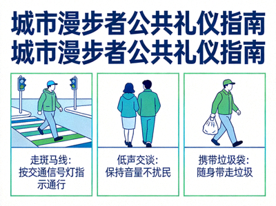 城市漫步者遵守公共礼仪示意图 - 展示行人走斑马线、低声交谈、携带垃圾袋等文明行为