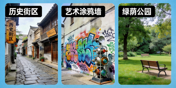 城市漫步主题选择示意图 - 展示历史街区、艺术涂鸦墙、绿荫公园等不同探索主题场景