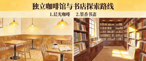 独立咖啡馆与书店探索路线主题灵感图 - 温馨的咖啡馆内部与书架林立的书店
