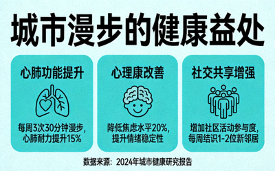 图表信息图展示城市漫步对心肺功能、心理健康和社交联系的益处