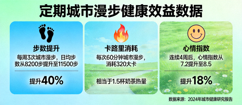 信息图：用数据和图标展示定期城市漫步对步数、卡路里消耗、心情指数提升的具体影响