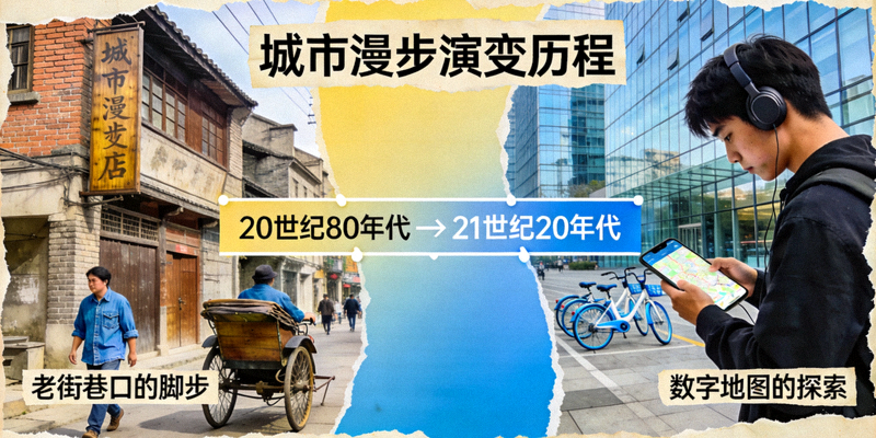 展示城市漫步演变历程的拼贴图：从旧时街景到现代年轻人用手机地图探索城市