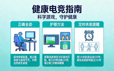 健康电竞指南信息图 - 展示正确坐姿、护眼方法和定时休息提醒