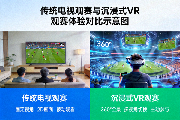 传统电视观赛与沉浸式VR观赛体验对比示意图