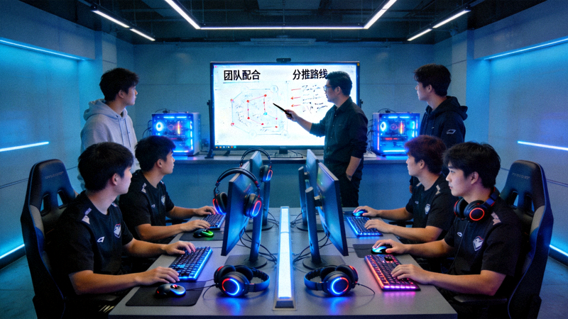 电竞运动员在专业训练基地进行团队训练与战术分析的场景