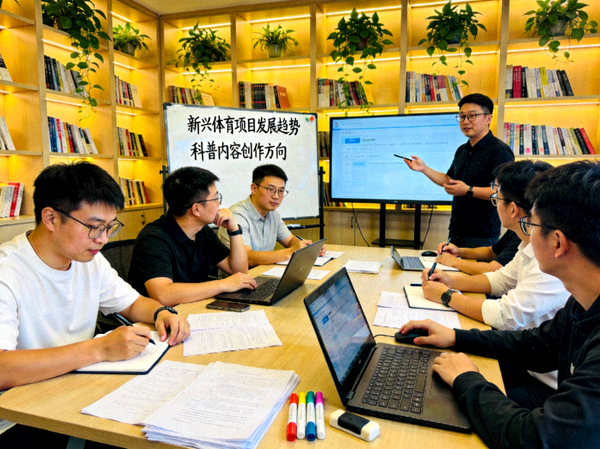 爱游戏科普平台内容创作团队进行新兴体育课题研讨的场景