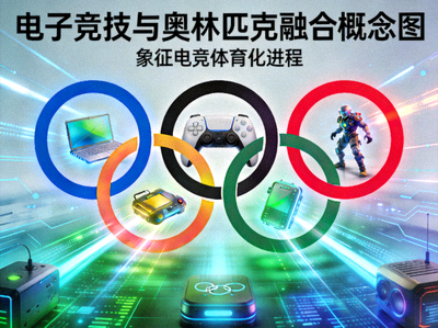 电子竞技与奥林匹克五环标志融合的概念图 - 象征电竞体育化进程