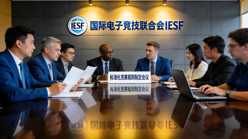 国际电子竞技联合会IESF代表与游戏开发商代表共同商讨制定标准化竞赛规则的会议现场