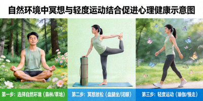 年轻人在自然环境中进行冥想与轻度运动结合，促进心理健康的示意图