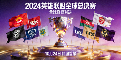 2024英雄联盟全球总决赛宣传主视觉图 - 召唤师奖杯与各赛区旗帜