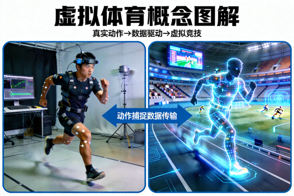 虚拟体育概念图解：展示真实运动员动作捕捉数据驱动虚拟角色在数字赛场竞技的场景对比