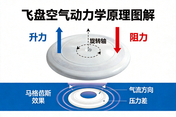 飞盘空气动力学原理图解，展示升力、阻力、旋转轴与马格努斯效应示意图