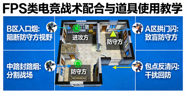 FPS类电竞战术配合与道具使用教学图 - 烟雾弹、闪光弹投掷点位示意