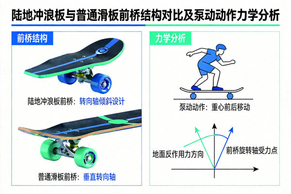 陆地冲浪板与普通滑板前桥结构对比图，以及模拟冲浪泵动动作的力学分析