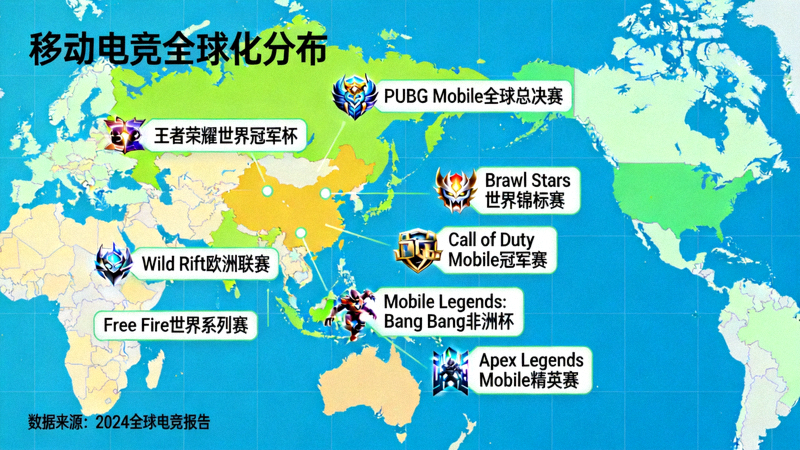世界地图上标注着各区域主要的移动电竞赛事和流行游戏，展示移动电竞的全球化分布