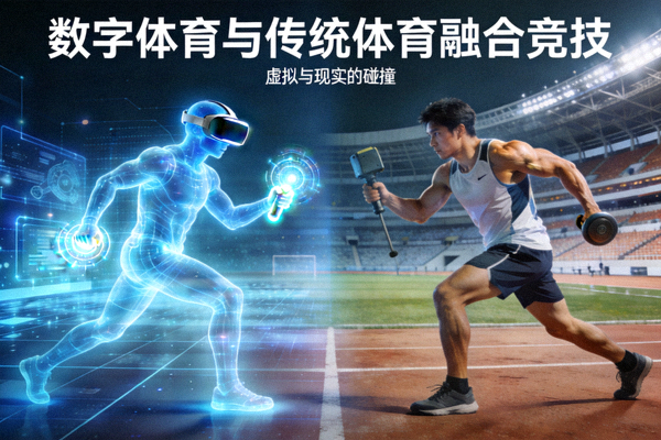 概念图：虚拟现实运动员与传统运动员同台竞技，象征数字体育与传统体育融合