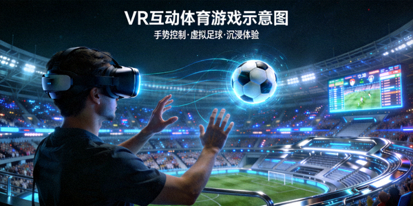 VR互动体育游戏示意图 - 用户通过手势与虚拟足球进行互动，背景是座无虚席的虚拟体育场