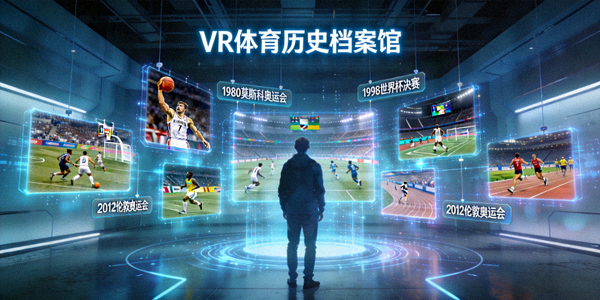 VR体育历史档案馆概念图 - 用户站在虚拟展厅中，面前悬浮着不同年代的经典比赛画面