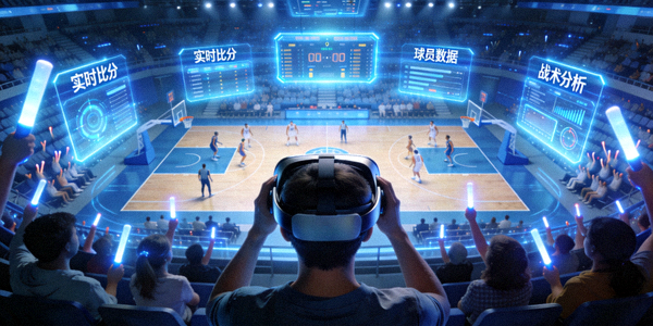 VR体育直播场景示意图 - 用户头戴VR设备观看篮球比赛，周围环绕着虚拟观众席和数据面板