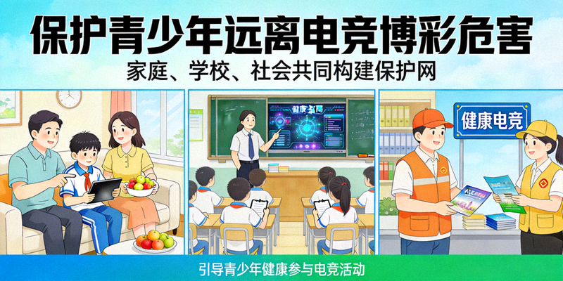 保护青少年远离电竞博彩危害公益宣传图 - 展示家庭、学校、社会共同构建保护网，引导青少年健康参与电竞活动
