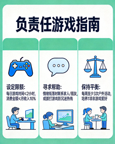 负责任游戏信息图 - 展示设定限额、寻求帮助、保持平衡等关键建议