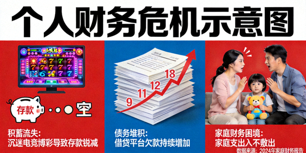 个人财务危机示意图 - 展示因沉迷电竞博彩导致的积蓄流失、债务堆积和家庭财务困境