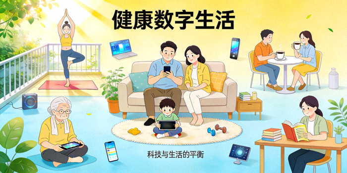 倡导健康数字生活理念的插图 - 人们在享受科技的同时保持运动、社交和阅读的平衡