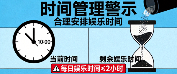 时间管理警示图 - 时钟与沙漏提醒合理安排娱乐时间