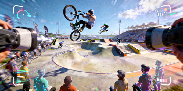 小轮车（BMX）公园赛VR观赛画面，运动员做出高难度空中动作