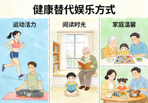 展示多种健康替代娱乐方式的拼贴图，包括运动、阅读、家庭互动等