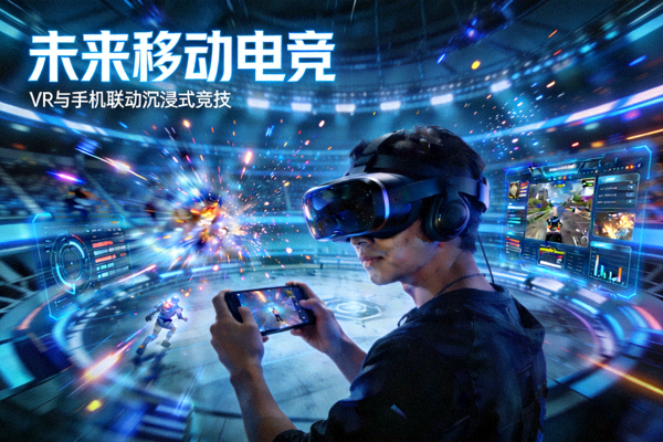 未来移动电竞概念图 - 玩家使用VR设备与手机联动进行沉浸式竞技