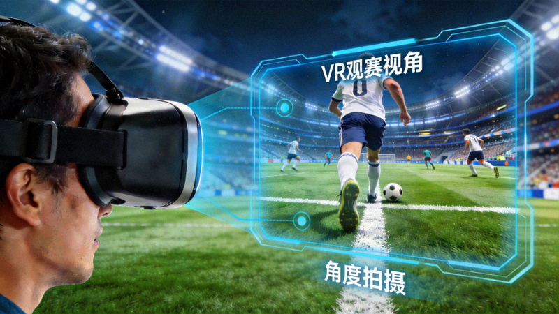 VR观赛视角示意图：用户佩戴VR头盔，其视野中显示从球场底线后方低角度观看足球比赛的沉浸式画面，可以看到球员近在咫尺