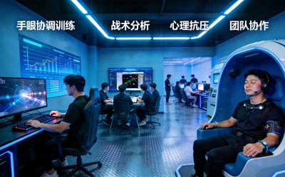 电竞运动员训练场景：展示其手眼协调、战术分析、心理抗压、团队协作等多维度科学训练体系