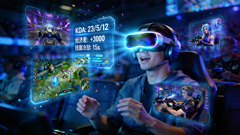 观众佩戴VR设备沉浸式观看电竞比赛，眼前浮现出游戏数据与多视角画面的未来场景