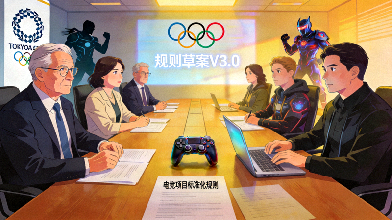 国际奥委会与电竞行业代表围坐会议桌，讨论电竞项目标准化规则的场景