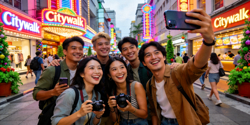 一组Citywalk参与者在城市地标前的欢乐自拍合影，背景是繁华的商业街