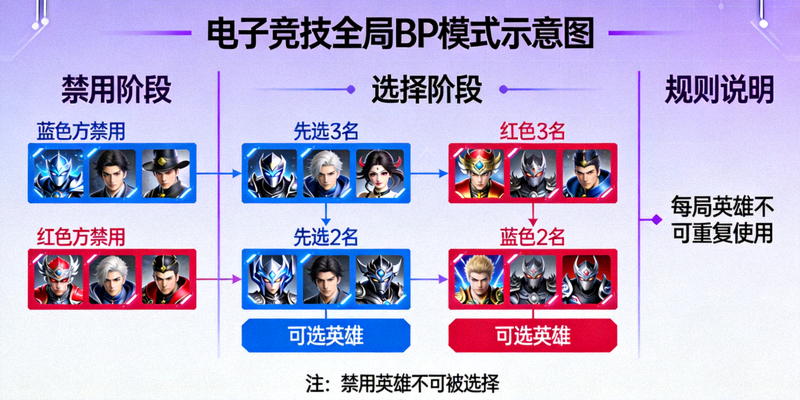 电子竞技全局BP模式示意图，展示英雄选择界面与禁用规则，强调每局英雄不可重复使用