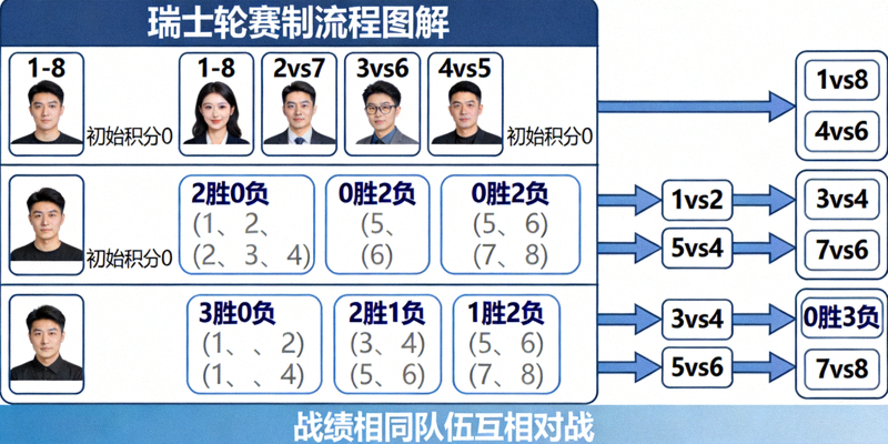 瑞士轮赛制流程图解，显示多轮对阵匹配规则，战绩相同队伍互相对战