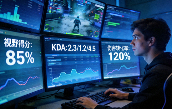电子竞技数据分析师正在多屏幕前分析选手的实时比赛数据，包含KDA、视野得分、伤害转化率等专业指标